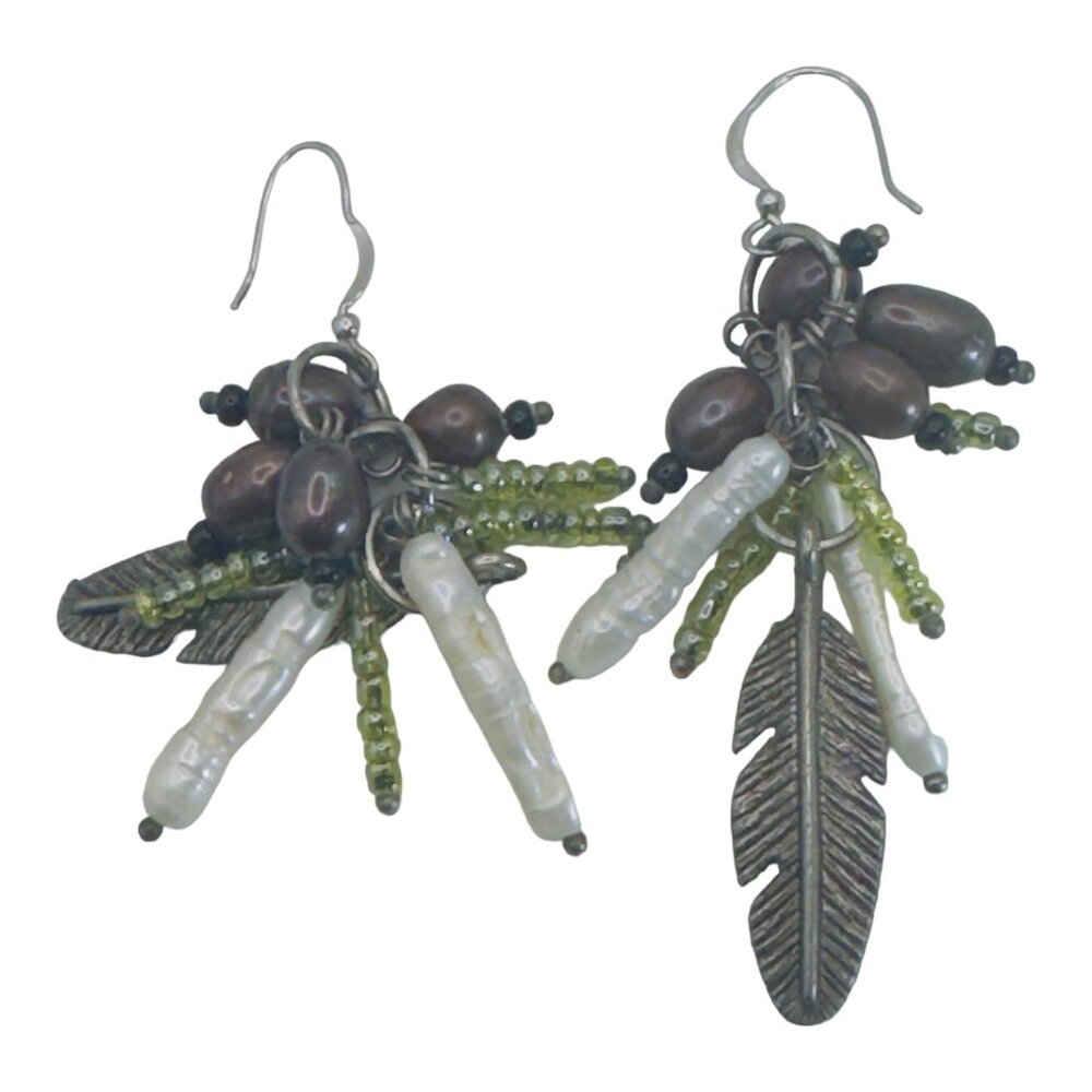 Sterling Genuine Pearl Dangle Earrings Biwa Pearls Feather Detail Beautiful Fun - Picture 5 of 7